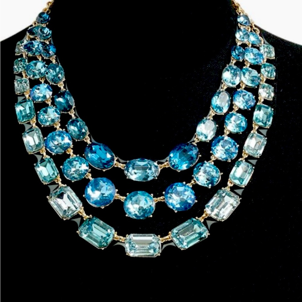 Impressive J Crew Designer Triple Layer Crystal Necklace in Shades of Blue.